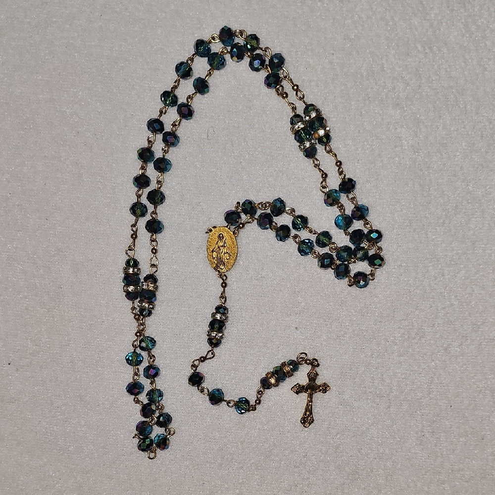 Gold-Tone Mirrored Blue Crystal Rosary Necklace